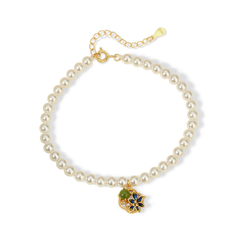 Buddha Stones 925 Sterling Silver Quadrifoglio Fiore Hetian Ciano Giada Perla Collana Ciondolo Bracciale Orecchini Set