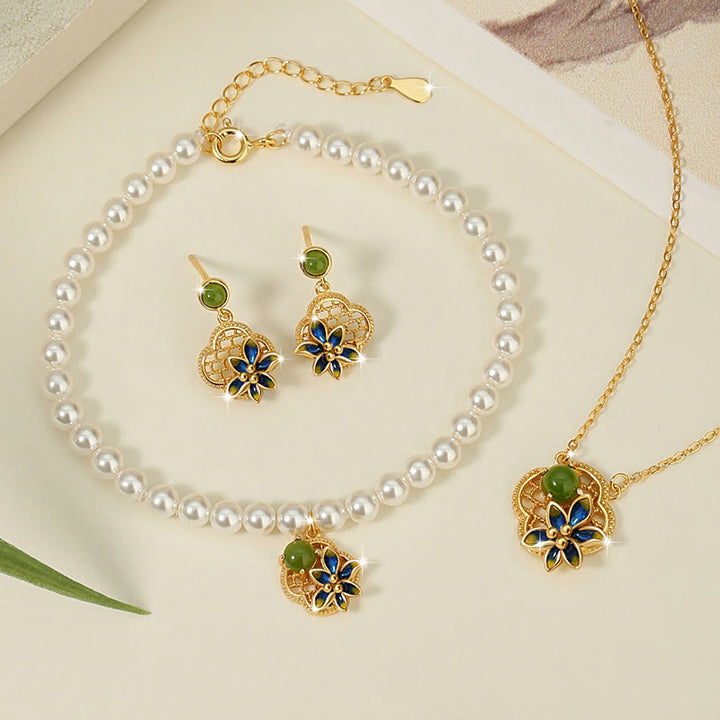 Buddha Stones 925 Sterling Silver Quadrifoglio Fiore Hetian Ciano Giada Perla Collana Ciondolo Bracciale Orecchini Set