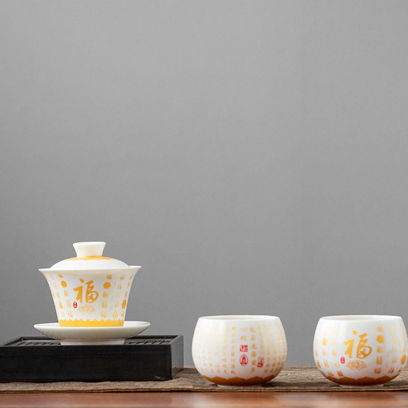 Buddha Stones Sutra del cuore buddista Piccolo carattere Fu Tazza da tè in ceramica Gaiwan Tazza da tè Kung Fu e piattino con coperchio