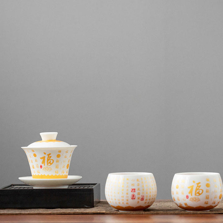 Buddha Stones Sutra del cuore buddista Piccolo carattere Fu Tazza da tè in ceramica Gaiwan Tazza da tè Kung Fu e piattino con coperchio