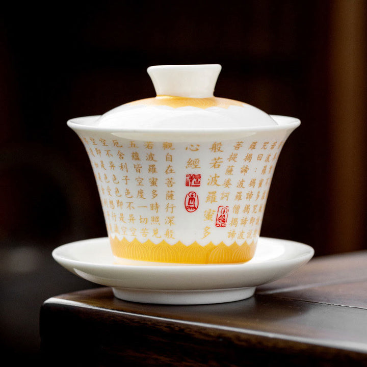 Buddha Stones Sutra del cuore buddista Piccolo carattere Fu Tazza da tè in ceramica Gaiwan Tazza da tè Kung Fu e piattino con coperchio