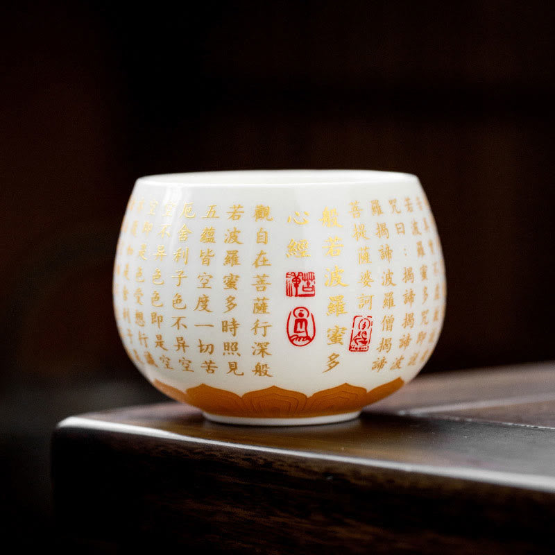 Buddha Stones Sutra del cuore buddista Piccolo carattere Fu Tazza da tè in ceramica Gaiwan Tazza da tè Kung Fu e piattino con coperchio