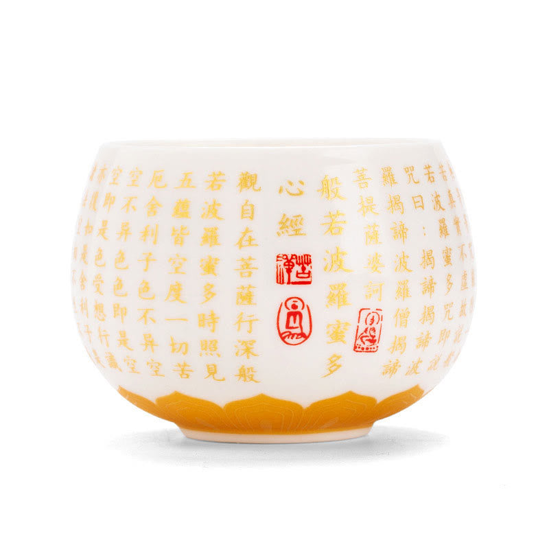 Buddha Stones Sutra del cuore buddista Piccolo carattere Fu Tazza da tè in ceramica Gaiwan Tazza da tè Kung Fu e piattino con coperchio