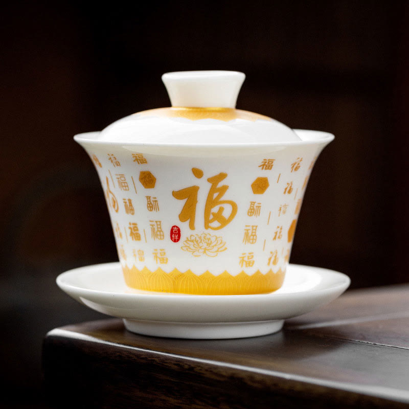 Buddha Stones Sutra del cuore buddista Piccolo carattere Fu Tazza da tè in ceramica Gaiwan Tazza da tè Kung Fu e piattino con coperchio