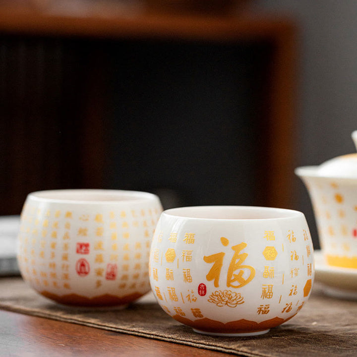 Buddha Stones Sutra del cuore buddista Piccolo carattere Fu Tazza da tè in ceramica Gaiwan Tazza da tè Kung Fu e piattino con coperchio