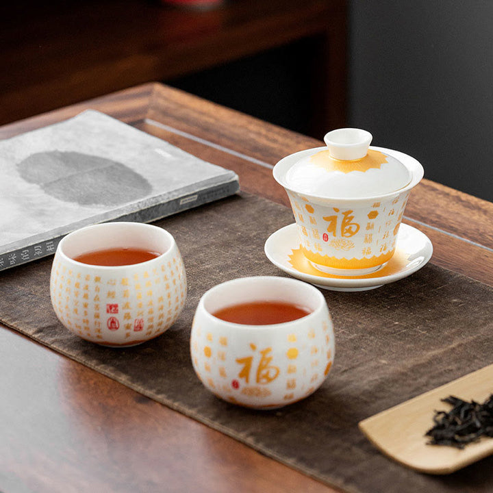Buddha Stones Sutra del cuore buddista Piccolo carattere Fu Tazza da tè in ceramica Gaiwan Tazza da tè Kung Fu e piattino con coperchio