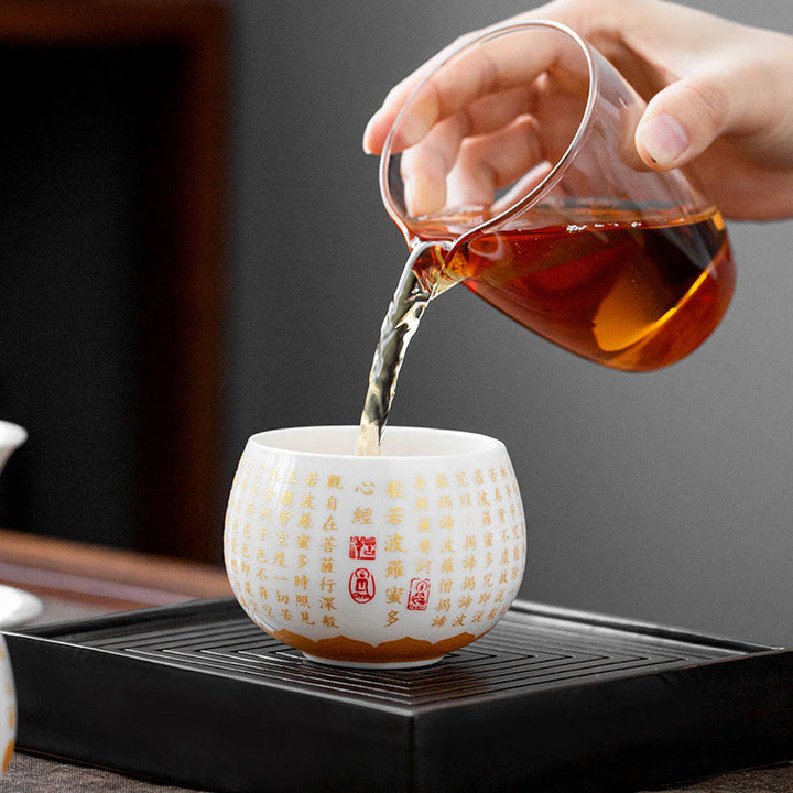 Buddha Stones Sutra del cuore buddista Piccolo carattere Fu Tazza da tè in ceramica Gaiwan Tazza da tè Kung Fu e piattino con coperchio