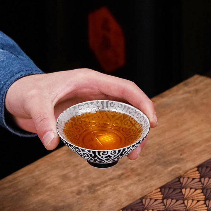 Buddha Stones Tibet Modello Fu Carattere Tazza da tè in ceramica argento dorato Tazze da tè Kung Fu 55 ml