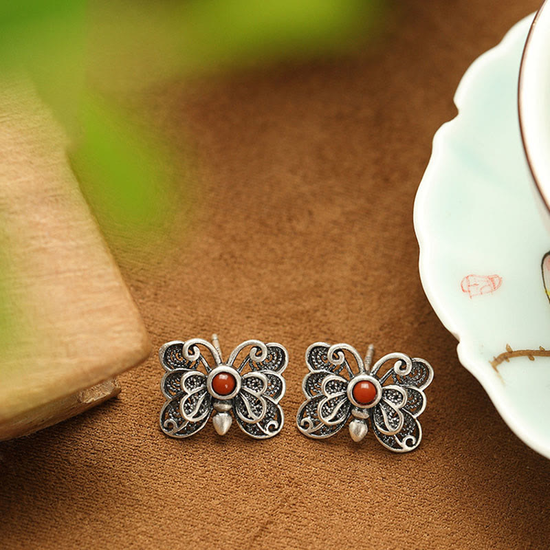 Set di orecchini con anello e farfalla in agata rossa in argento sterling 925, motivo : Buddha Stones