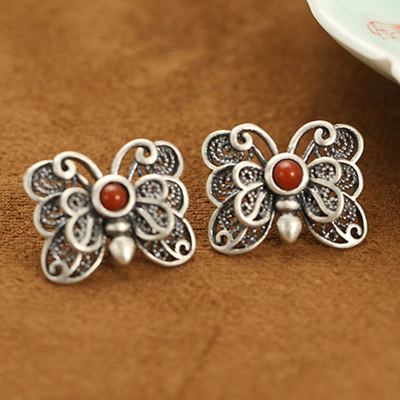 Set di orecchini con anello e farfalla in agata rossa in argento sterling 925, motivo : Buddha Stones