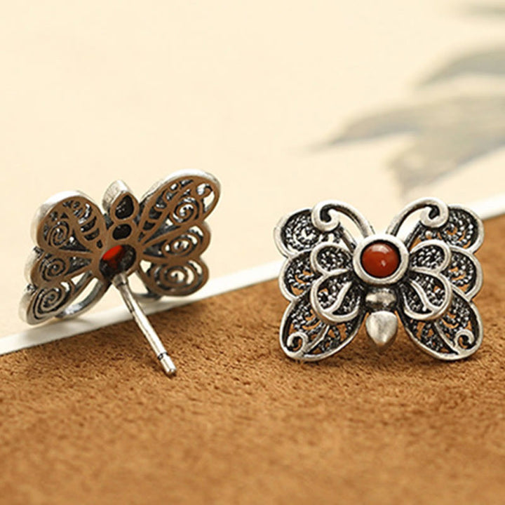 Set di orecchini con anello e farfalla in agata rossa in argento sterling 925, motivo : Buddha Stones