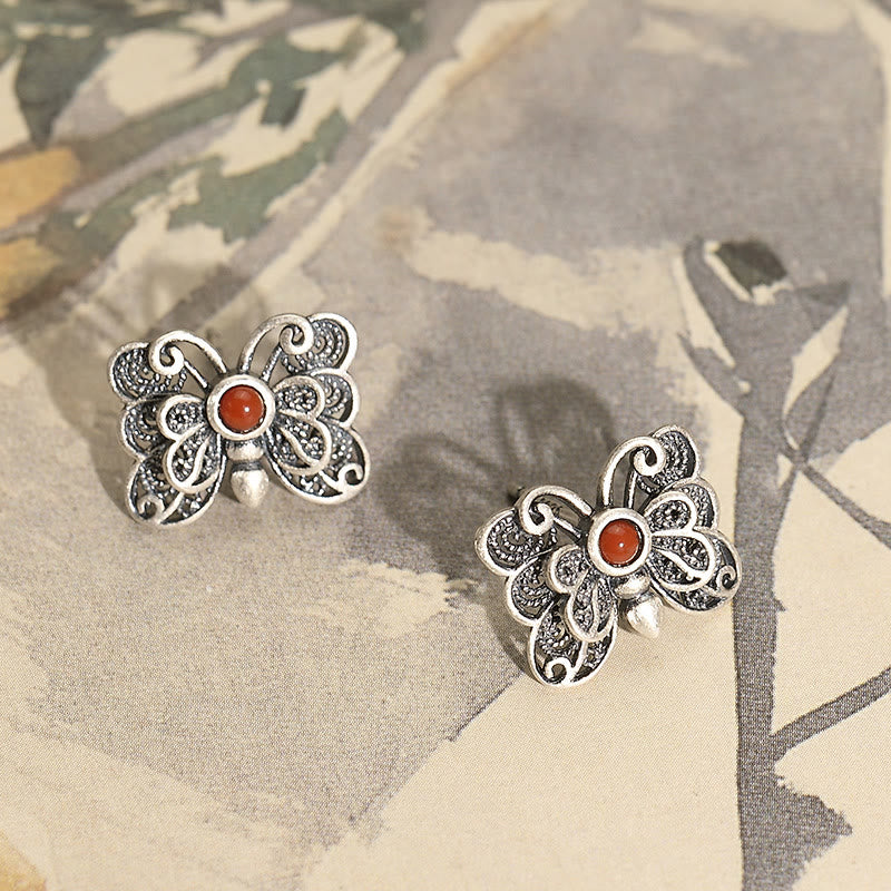 Set di orecchini con anello e farfalla in agata rossa in argento sterling 925, motivo : Buddha Stones