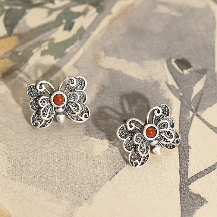 Set di orecchini con anello e farfalla in agata rossa in argento sterling 925, motivo : Buddha Stones