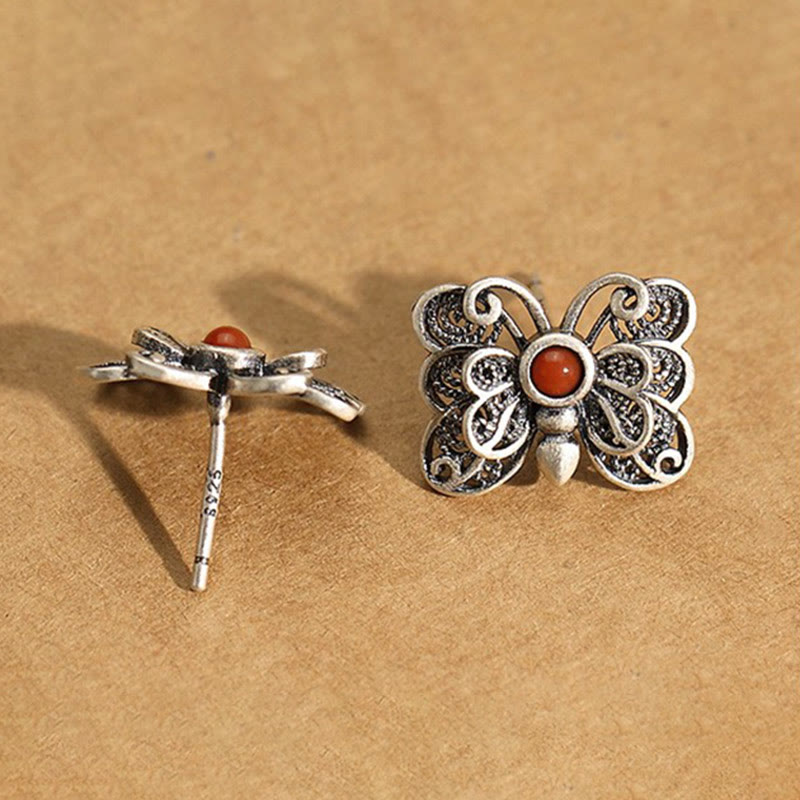 Set di orecchini con anello e farfalla in agata rossa in argento sterling 925, motivo : Buddha Stones