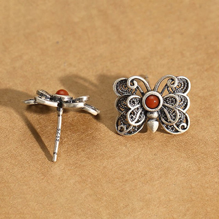 Set di orecchini con anello e farfalla in agata rossa in argento sterling 925, motivo : Buddha Stones