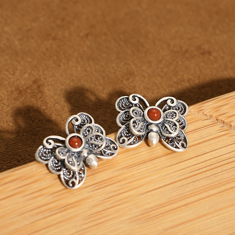 Set di orecchini con anello e farfalla in agata rossa in argento sterling 925, motivo : Buddha Stones