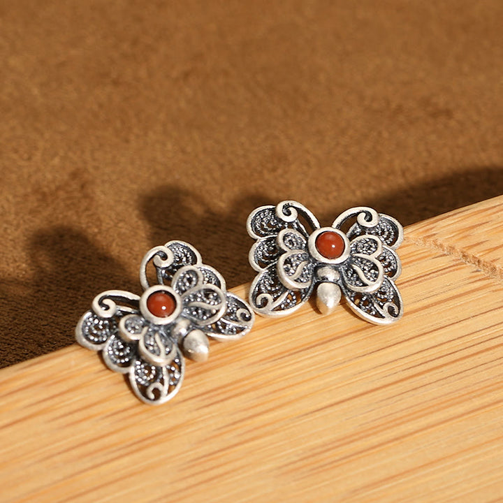 Set di orecchini con anello e farfalla in agata rossa in argento sterling 925, motivo : Buddha Stones