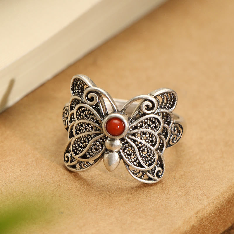 Set di orecchini con anello e farfalla in agata rossa in argento sterling 925, motivo : Buddha Stones