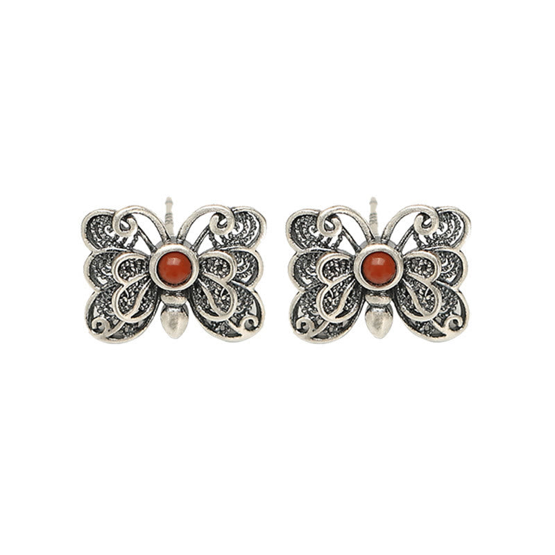 Set di orecchini con anello e farfalla in agata rossa in argento sterling 925, motivo : Buddha Stones
