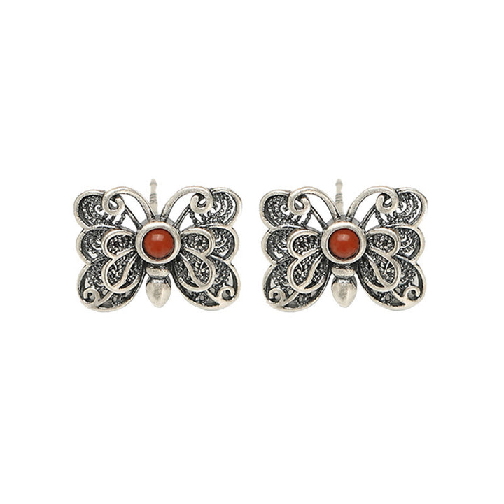 Set di orecchini con anello e farfalla in agata rossa in argento sterling 925, motivo : Buddha Stones