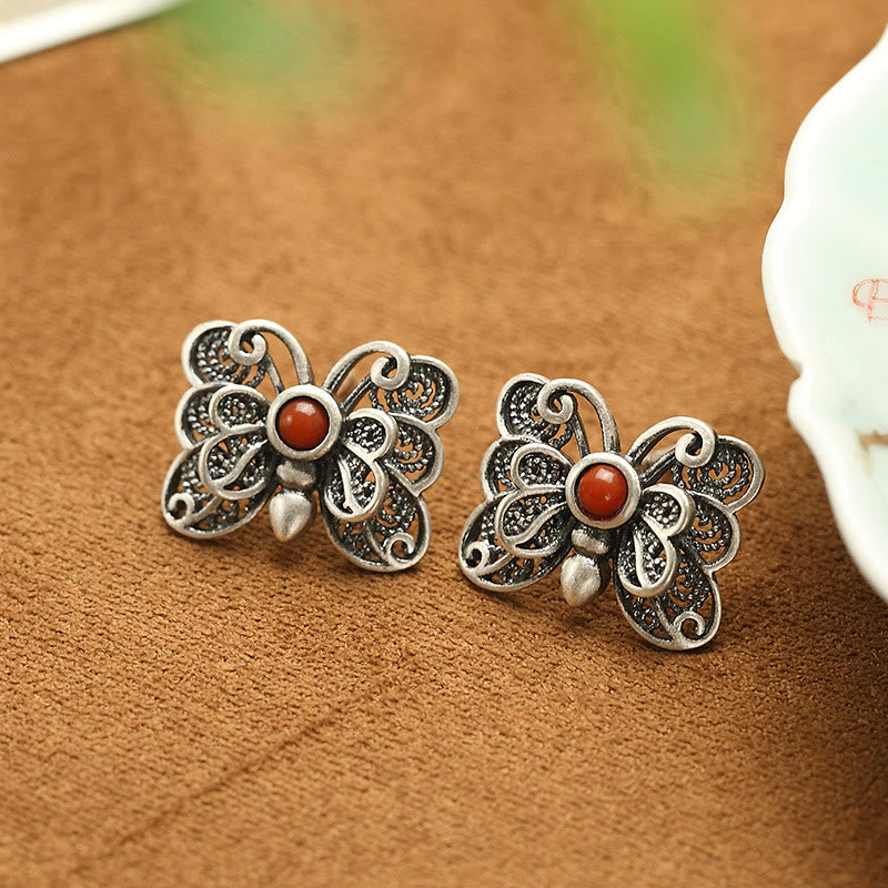 Set di orecchini con anello e farfalla in agata rossa in argento sterling 925, motivo : Buddha Stones