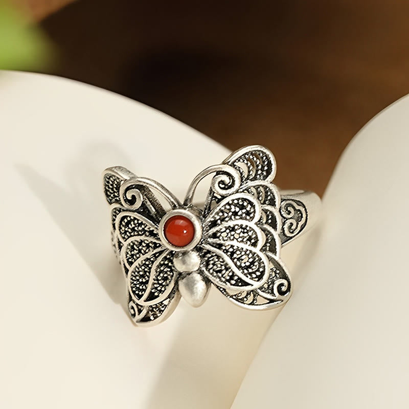 Set di orecchini con anello e farfalla in agata rossa in argento sterling 925, motivo : Buddha Stones