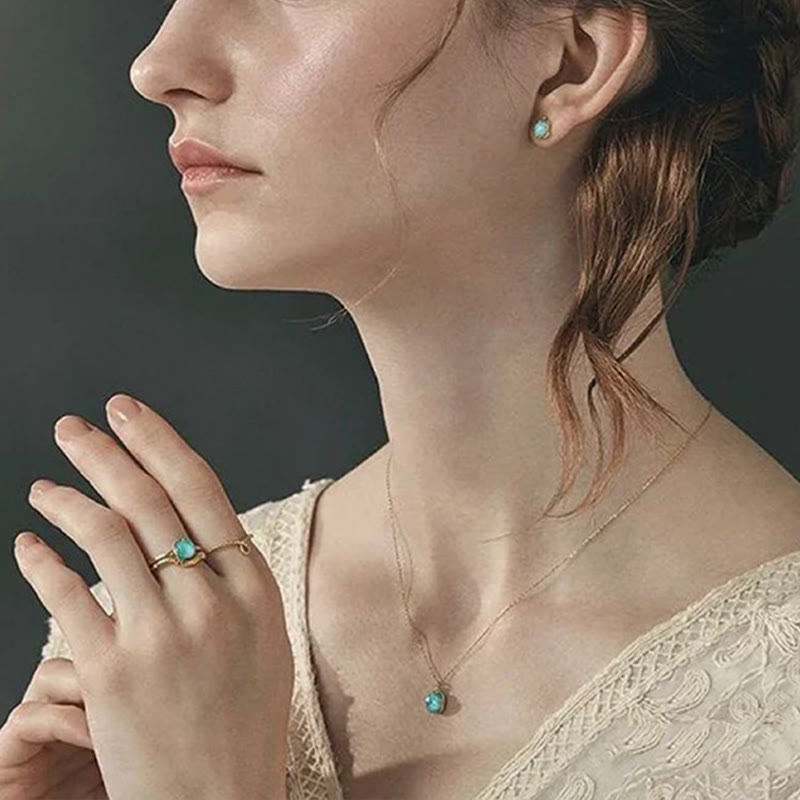 Buddha Stones 925 Sterling Silver Placcato Oro Turchese Protezione Anello Orecchini Collana Ciondolo Set