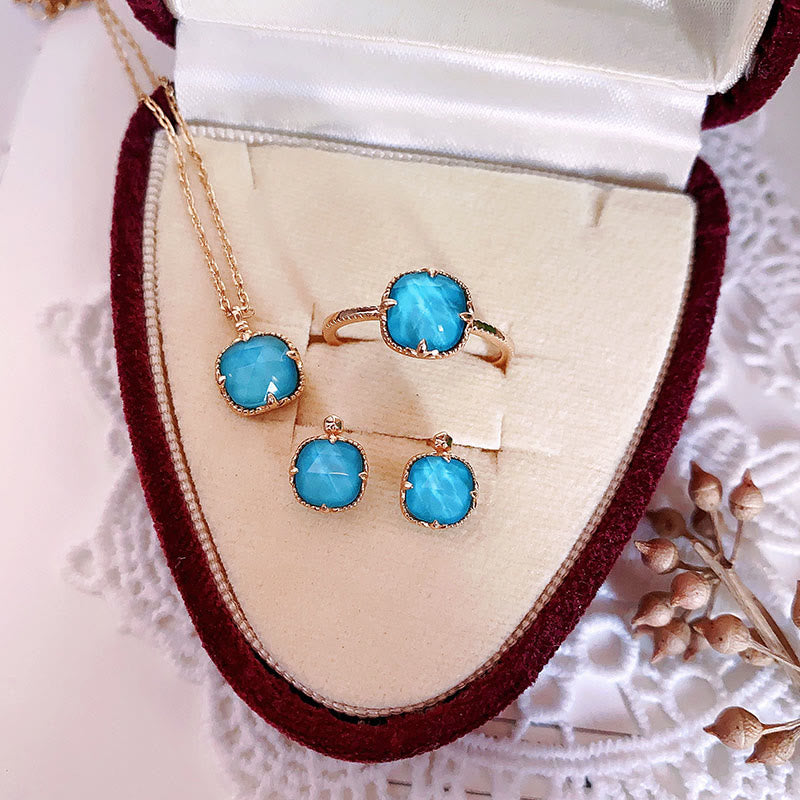 Buddha Stones 925 Sterling Silver Placcato Oro Turchese Protezione Anello Orecchini Collana Ciondolo Set