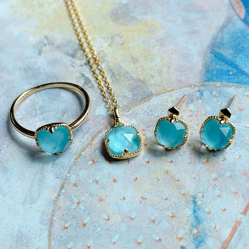 Buddha Stones 925 Sterling Silver Placcato Oro Turchese Protezione Anello Orecchini Collana Ciondolo Set
