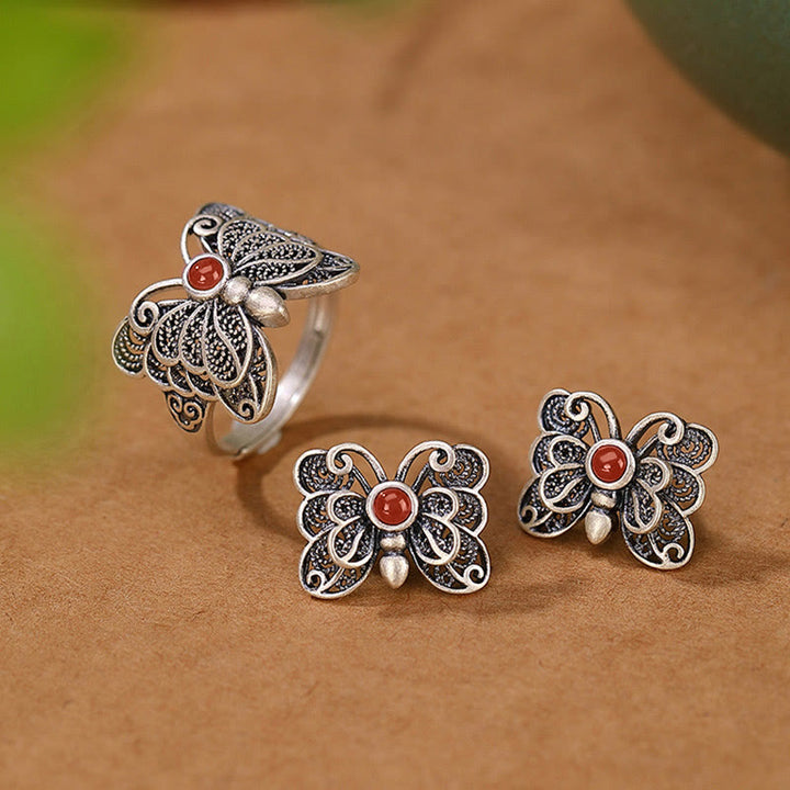 Set di orecchini con anello e farfalla in agata rossa in argento sterling 925, motivo : Buddha Stones