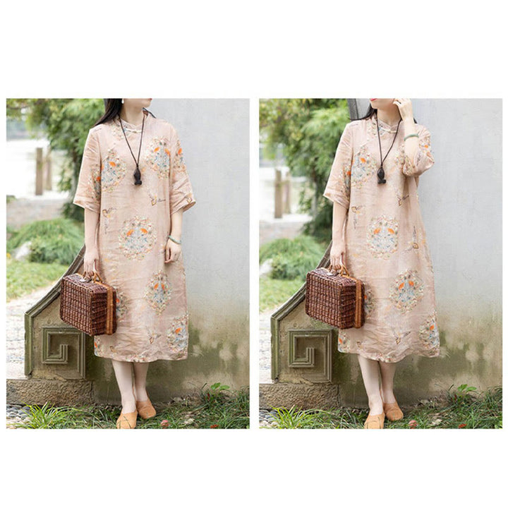 Abito midi cheongsam con stampa di fiori arancioni e uccelli Buddha Stones, in cotone e lino, a maniche corte, con tasche - image 4
