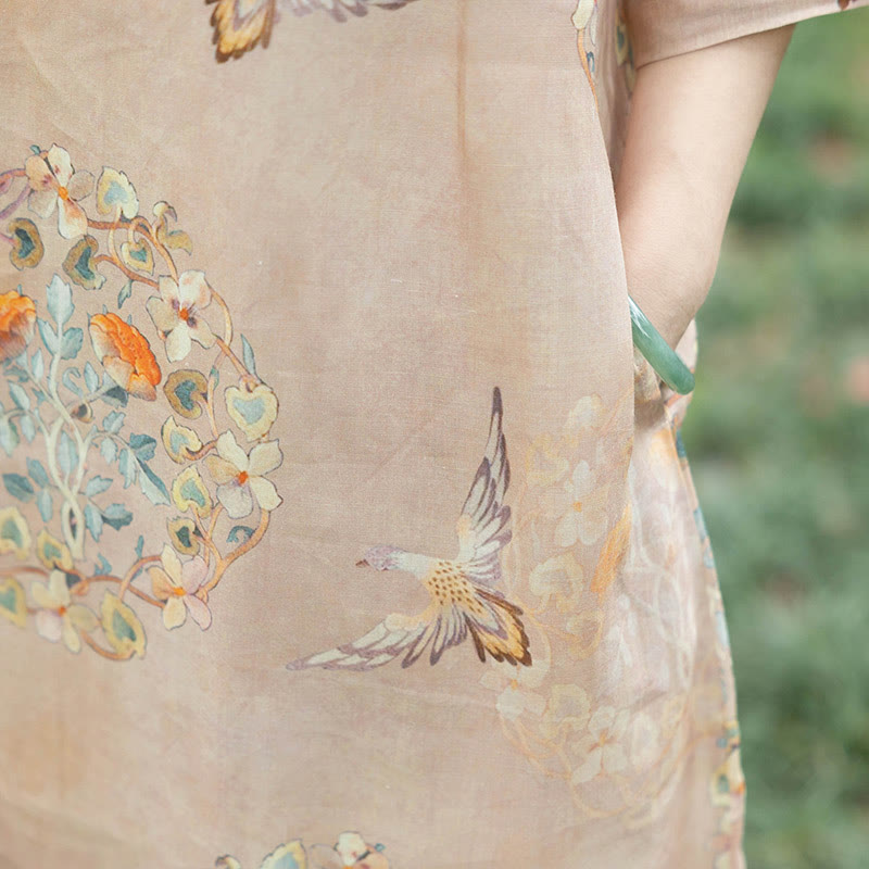 Abito midi cheongsam con stampa di fiori arancioni e uccelli Buddha Stones, in cotone e lino, a maniche corte, con tasche - image 3