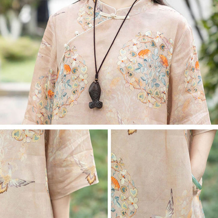 Abito midi cheongsam con stampa di fiori arancioni e uccelli Buddha Stones, in cotone e lino, a maniche corte, con tasche - image 2