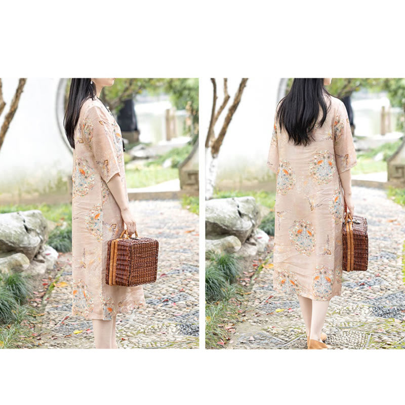 Abito midi cheongsam con stampa di fiori arancioni e uccelli Buddha Stones, in cotone e lino, a maniche corte, con tasche - image 5