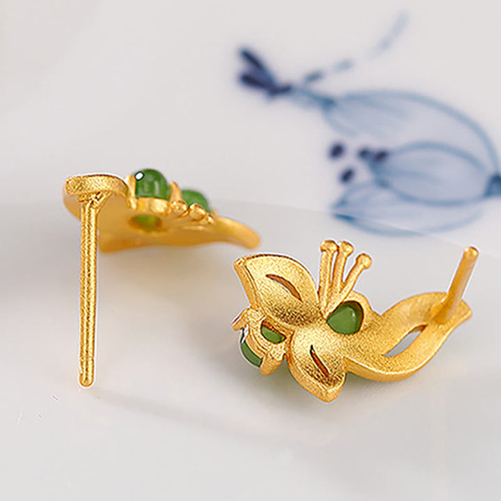 Orecchini Buddha Stones in argento sterling 925 placcati in oro con farfalla in giada ciano naturale e guarigione della fortuna - image 4