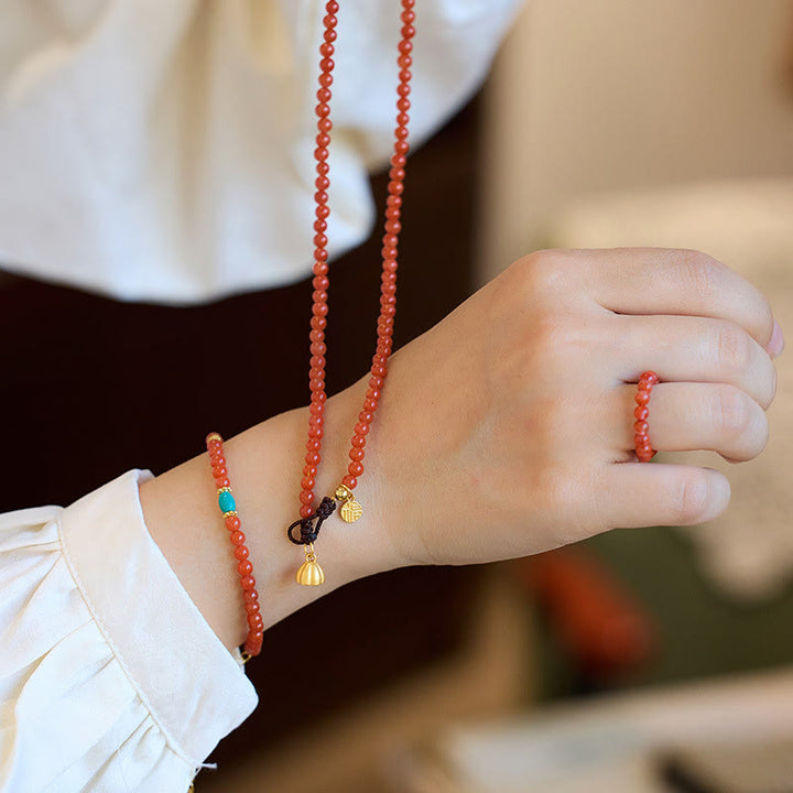 Buddha Stones 925 Sterling Silver Placcato Oro Naturale Agata Rossa Turchese Fiducia Bracciale Collana Ciondolo Anello Set