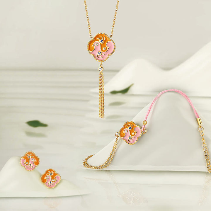 Buddha Stones 18K placcato oro rame due uccelli zircone guarigione collana ciondolo bracciale orecchini set