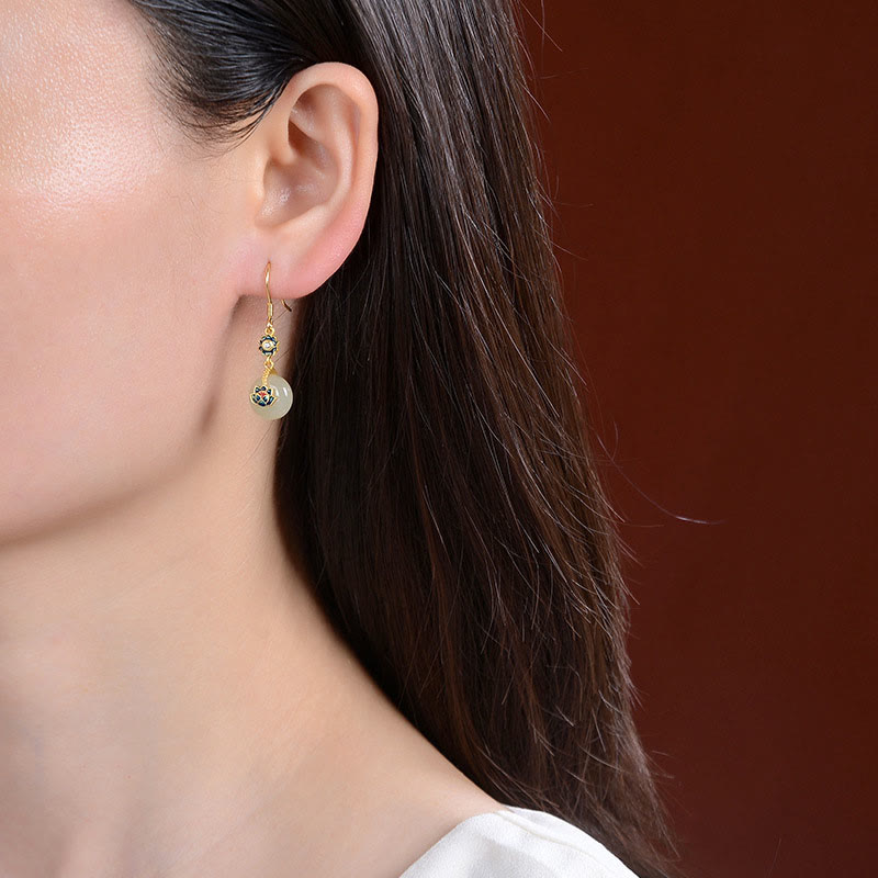Set di orecchini con anello portafortuna di loto in giada Hetian placcato oro e argento sterling 925 Buddha Stones