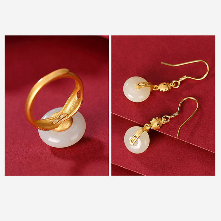 Set di orecchini con anello portafortuna di loto in giada Hetian placcato oro e argento sterling 925 Buddha Stones