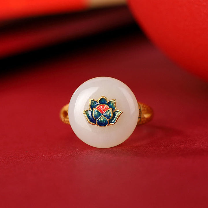 Set di orecchini con anello portafortuna di loto in giada Hetian placcato oro e argento sterling 925 Buddha Stones