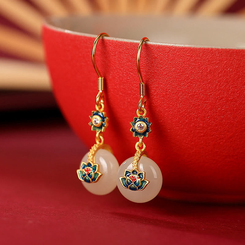 Set di orecchini con anello portafortuna di loto in giada Hetian placcato oro e argento sterling 925 Buddha Stones