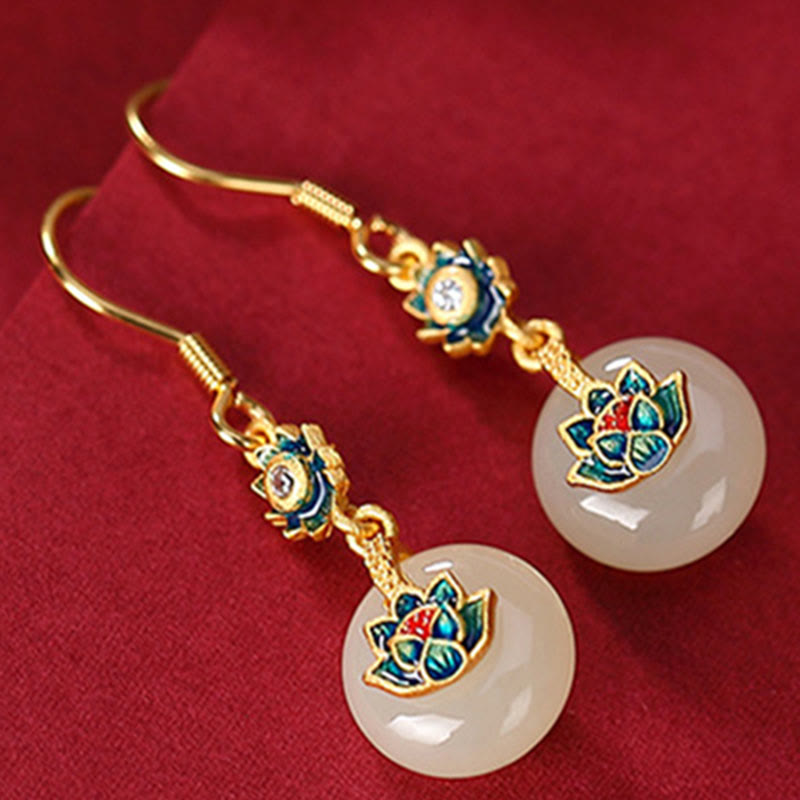 Set di orecchini con anello portafortuna di loto in giada Hetian placcato oro e argento sterling 925 Buddha Stones