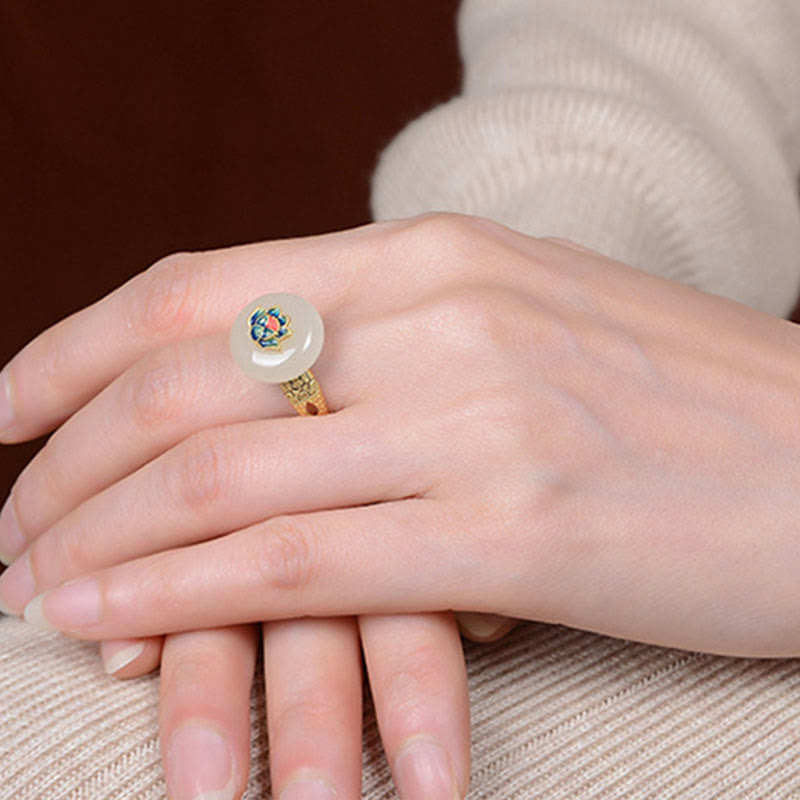 Set di orecchini con anello portafortuna di loto in giada Hetian placcato oro e argento sterling 925 Buddha Stones