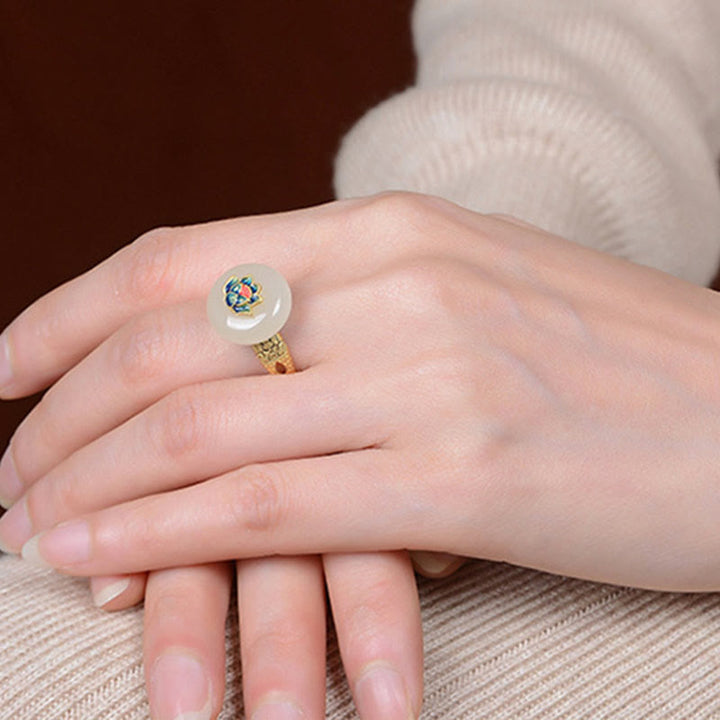 Set di orecchini con anello portafortuna di loto in giada Hetian placcato oro e argento sterling 925 Buddha Stones