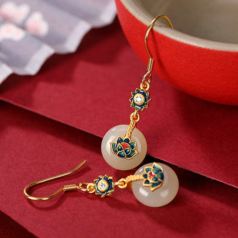 Set di orecchini con anello portafortuna di loto in giada Hetian placcato oro e argento sterling 925 Buddha Stones