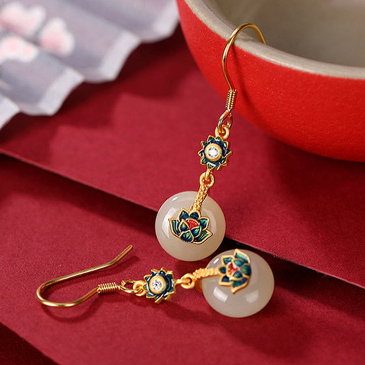 Set di orecchini con anello portafortuna di loto in giada Hetian placcato oro e argento sterling 925 Buddha Stones