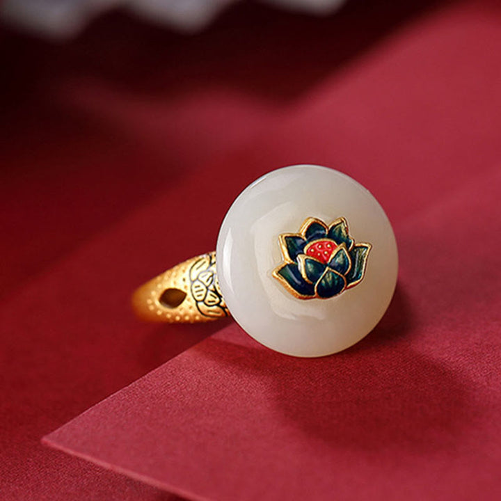 Set di orecchini con anello portafortuna di loto in giada Hetian placcato oro e argento sterling 925 Buddha Stones