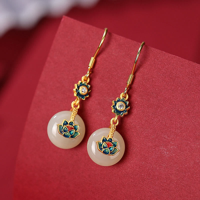 Set di orecchini con anello portafortuna di loto in giada Hetian placcato oro e argento sterling 925 Buddha Stones