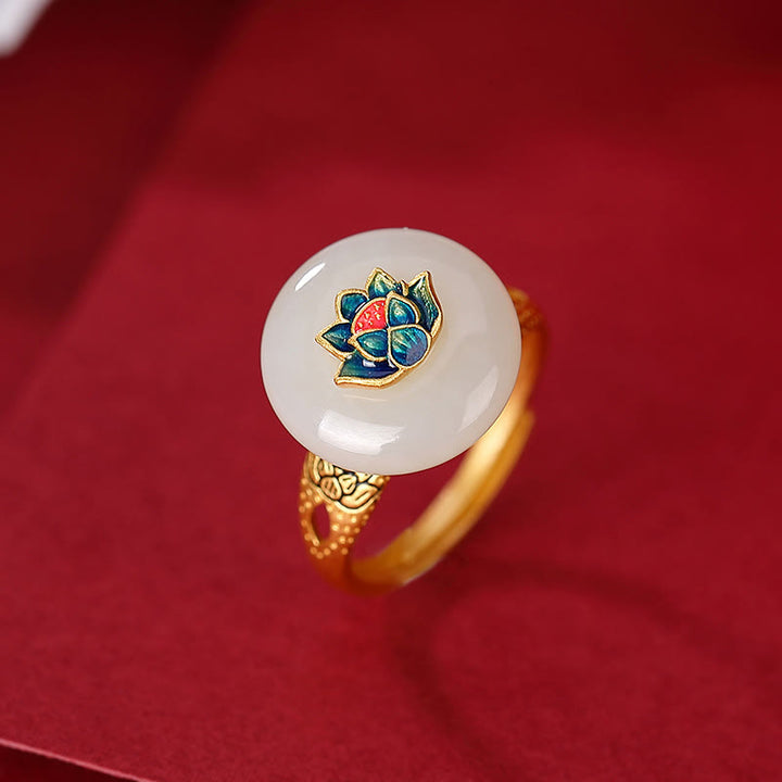 Set di orecchini con anello portafortuna di loto in giada Hetian placcato oro e argento sterling 925 Buddha Stones
