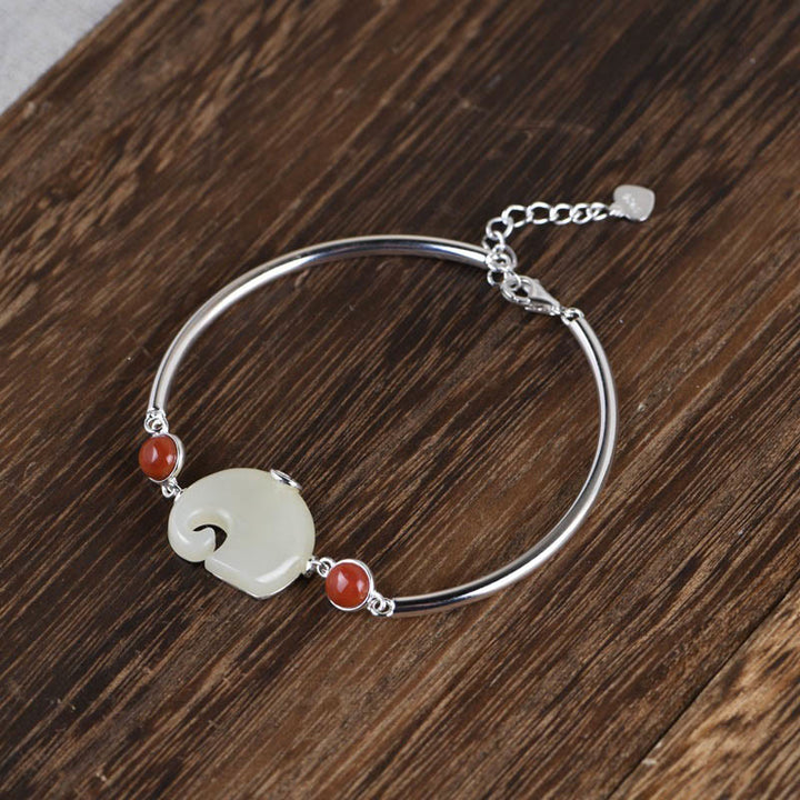 Buddha Stones 925 Sterling Silver Elephant Hetian Jade Abbondanza Collana Ciondolo Bracciale Anello Orecchini Set